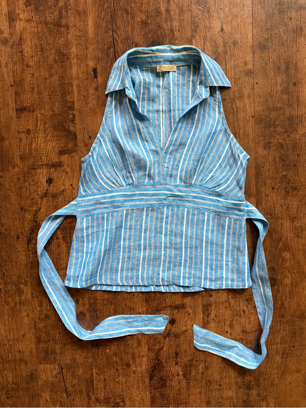 Puro Linen Women’s Striped Blue Sleeveless Collared Tunic with tie back
- Size M
